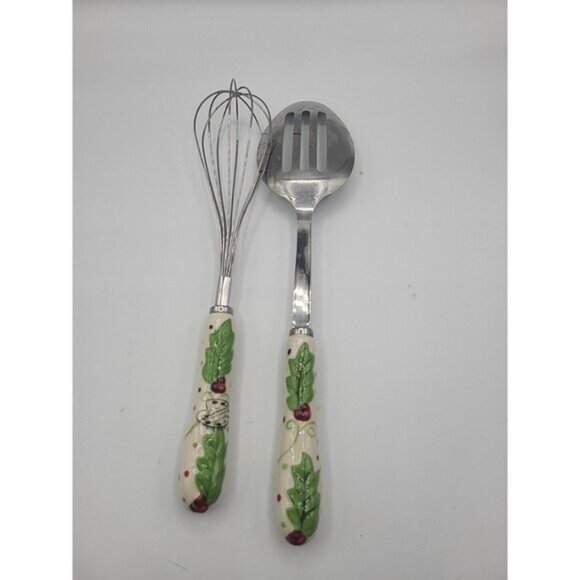 Temptations Tara Winter Whimsy Holly Ceramic Handle Stainless Whisk & Spoon - Picture 2 of 5